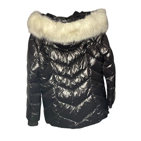 Bernardo Shiny Puffer Coat with Faux Fur Hood Women's Size L - Picture 2 of 5